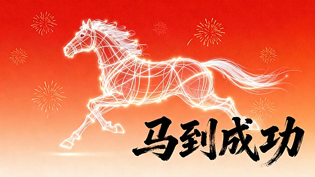霓虹灯风勾勒的赛博骏马，融合国潮书法“马到成功”，在喜庆红金渐变背景与烟花点缀中，展现科技感与梦幻感交织的未来视觉。