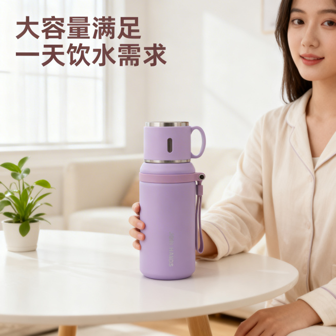 [主图 4 场景展示] 展示紫色保温杯在居家场景使用效果，风格舒适简约，家居治愈。一位年轻亚洲女性，身着浅色系家居服，单手握住紫色保温杯，轻松拿起展示尺寸比例，背景是干净整洁的客厅桌面，摆放了一小株绿预览效果