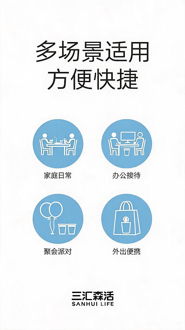 电商详情页场景展示页，顶部大标题"多场景适用 方便快捷"，纤细黑体字，下方四个圆形浅蓝色图标并排，分别标注"家庭日常""办公接待""聚会派对""外出便携"，图标为极简线条风格，纯白色背景，大量留白，简约清新设计风格，电商详情页风格，竖版长图，高清8K，柔和自然光，主色调白色浅蓝基底加绿蓝米粉四色莫兰迪点缀，线条图标，品牌三汇森活 SANHUI LIFE