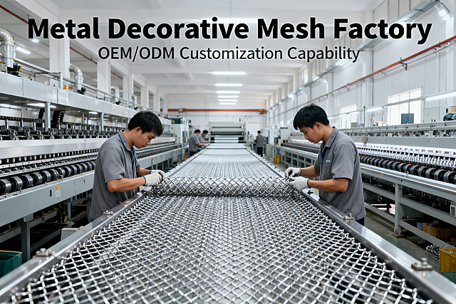 Metal decorative mesh factory production workshop, neat production lines, workers doing quality inspection of finished chain link mesh, clean and organized industrial factory, commercial photography showing OEM/ODM customization capability,