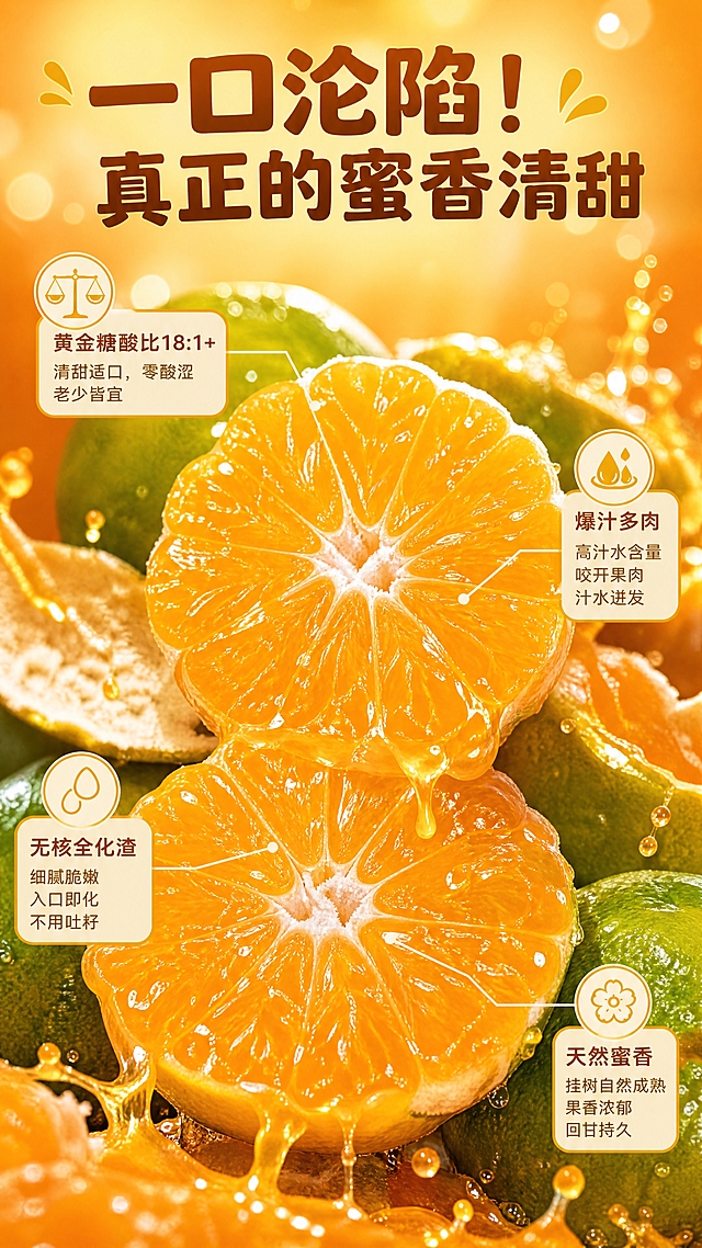 [商品] 使用【图1】【图2】【图8】寻乌蜜橘切面特写图；保留蜜橘真实结构：橙黄果肉、分瓣清晰、汁水充盈；商品处理：增强果肉爆汁感和晶莹剔透质感，强化汁水欲滴的视觉效果，保留真实果形和颜色。
[画面] 页面目标：口感核心体验，最种草促停留。构图：中心环绕式，中部大尺寸蜜橘切面特写占画面60%，四周分布口感卖点；主体位置：画面中心偏上，两块切面叠放，果汁从切面溢出滴落；主体占比60%；摆放角度：正面平视切面；景别：特写微距；阅读动线：从中心向四周扩散；前景：果汁水珠飞溅，中景：蜜橘切面主体，后景：暖橙色渐变虚化背景带光斑。
[视觉] 套系策略：风格=生鲜农特高级商业摄影，暖调食欲感；标题字=粗黑体圆润厚重；正文字=简洁无衬线体；主色=暖橙橘色；背景延展=基于暖橙橘做径向渐变、光晕和细腻柔光质感；强调色=金黄蜜色，仅用于小面积图标、引线和高光点缀；标题色=深橙棕色；正文色=暖棕灰色；组件=圆形icon标签、引线标注、圆角小卡片；光影=正面柔光+侧逆光勾勒果肉边缘，通透有层次。
[文字] 顶部主标题：一口沦陷！真正的蜜香清甜（12字，大号粗体）；画面四周用引线+icon标注4个核心卖点：黄金糖酸比18:1+ 清甜适口，零酸涩，老少皆宜；爆汁多肉 高汁水含量，咬开果肉汁水迸发；无核全化渣 细腻脆嫩，入口即化，不用吐籽；天然蜜香 挂树自然成熟，果香浓郁回甘持久；文字横向排版，引线清晰指向对应果肉部位，不遮挡切面核心区域。
[规格] 图片比例9:16竖版，4K分辨率，负向提示：避免冷蓝背景、文字竖排/斜排、文字过小、蜜橘变形变色、极限词、虚假夸张、平台logo水印。