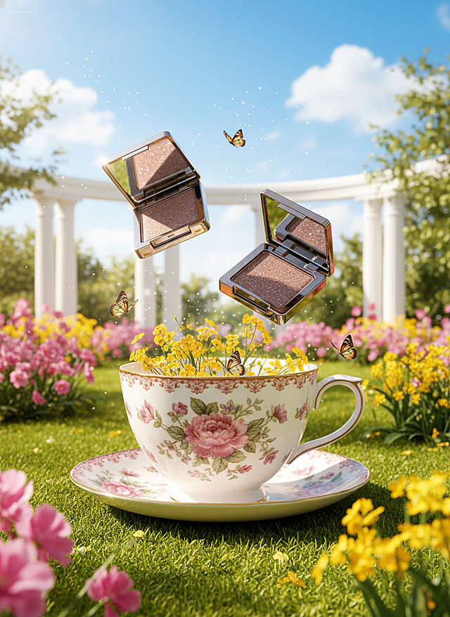 一个巨大的精致陶瓷茶杯，杯身绘有粉色花朵与绿叶图案，放在青翠草坪上，茶杯上漂浮着两支图中的主体。背景是阳光明媚的欧式花园，开满以粉色和黄色为主的鲜花，周围飞舞着彩色蝴蝶。天空湛蓝，白云飘逸，远处有白色石柱拱门，营造出童话般的春日午后氛围，适合高端美妆品牌广告海报。