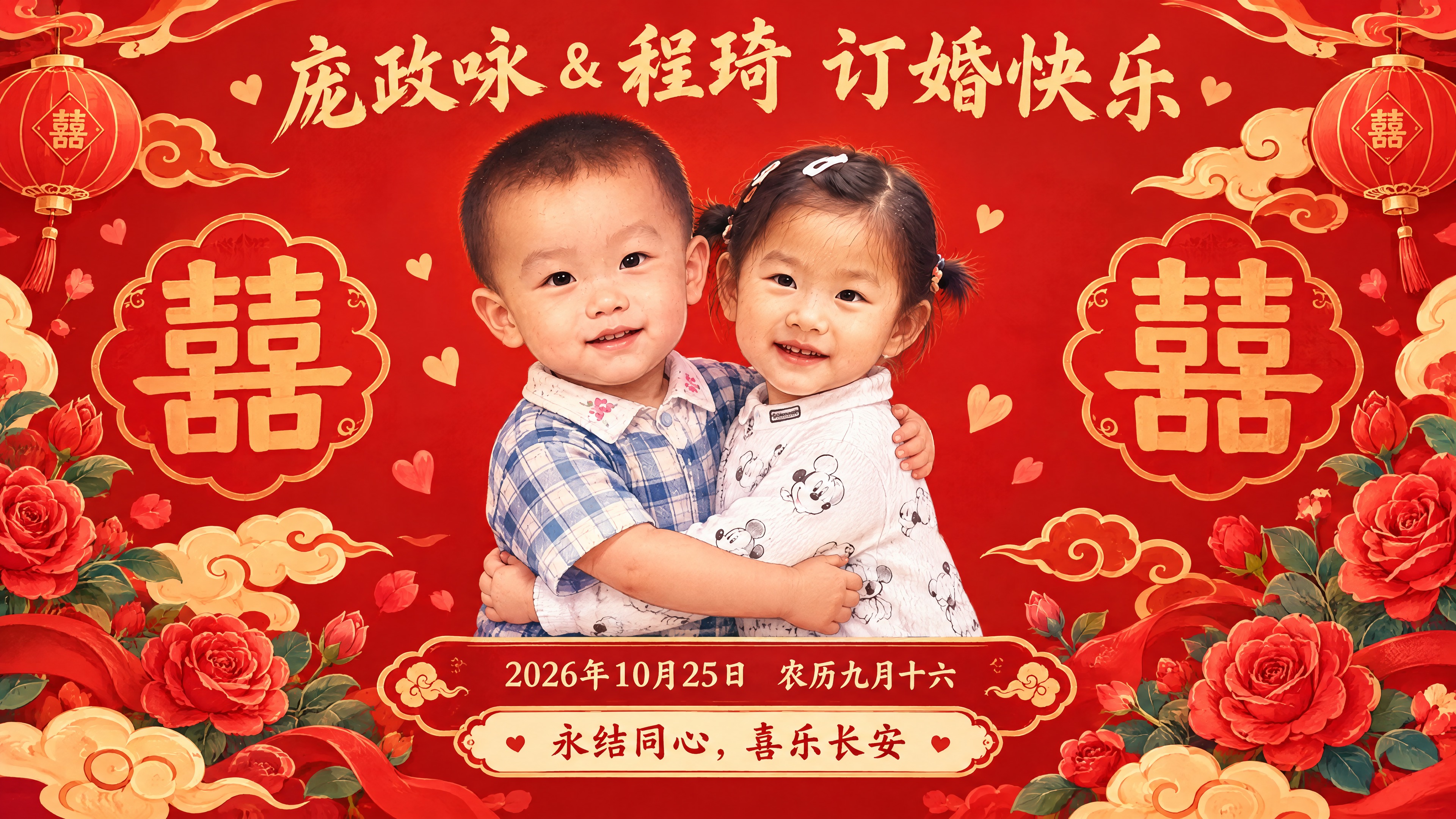 国潮卡通手绘风格订婚背景图，正红色背景，16:9横版。画面中央… - 图片创意预览