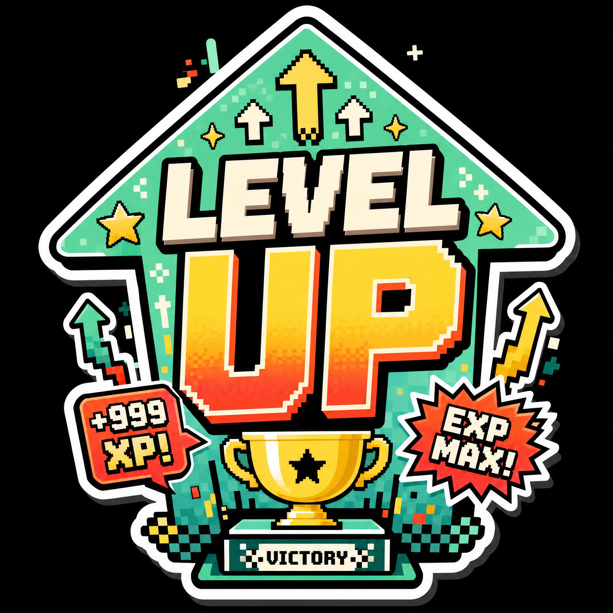 纯黑背景，一个独立的异形手举牌贴纸，主题为「LEVEL UP」… - 图片创意预览