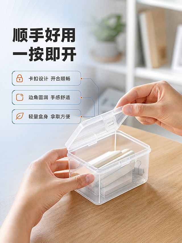 [商品] 使用【图1】透明PP塑料收纳盒；保留盒体透明PP材质、卡扣盖、方正造型；增强通透质感，不改变原有结构。
[画面] 页面目标：人物使用场景，真人手部操作收纳盒，体现使用便捷性和真实手感。构图：左文右图，右侧为主要画面，展示亚洲女性的双手正在操作一个中号透明收纳盒，一只手按住盒身，另一只手正在开合卡扣盒盖，动作自然真实。收纳盒放在整洁的木质桌面上，背景是温馨的家居或办公环境虚化。左侧为文字信息区。主体产品和手部占画面约55%。景别：中近景手部操作特写。
[视觉] 套系策略：风格=1688 B端源头工厂风 干净通透工业品质感；标题字=无衬线粗黑体 厚重有力；正文字=简洁无衬线黑体 清晰易读；主色=工业蓝+透明本色；背景延展=基于工业蓝做深浅层级渐变 搭配浅灰与工厂环境虚化 同色系延展；强调色=亮橙色 仅用于小面积标签、图标和重点高亮；标题色=深炭灰；正文色=中灰；组件=细边框信息卡、工业风引线、圆角矩形标签；光影=左前侧柔和主光 透明盒体有自然透光和边缘高光 底部真实接触阴影 手部光影自然。
[文字] 左侧上方大标题"顺手好用 一按即开"，下方配3个短句："卡扣设计 开合顺畅"、"边角圆润 手感舒适"、"轻量盒身 拿取方便"。所有文字横排，放在左侧负空间，不遮挡操作画面。
[规格] 图片比例3:4竖版，4K分辨率，避免变形、错字、文字过小、手部畸形、手指数量异常、产品结构失真、悬浮感、极限词、平台logo。