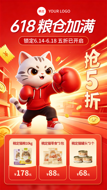 618年中大促猫粮促销活动国潮风竖版海报预览效果