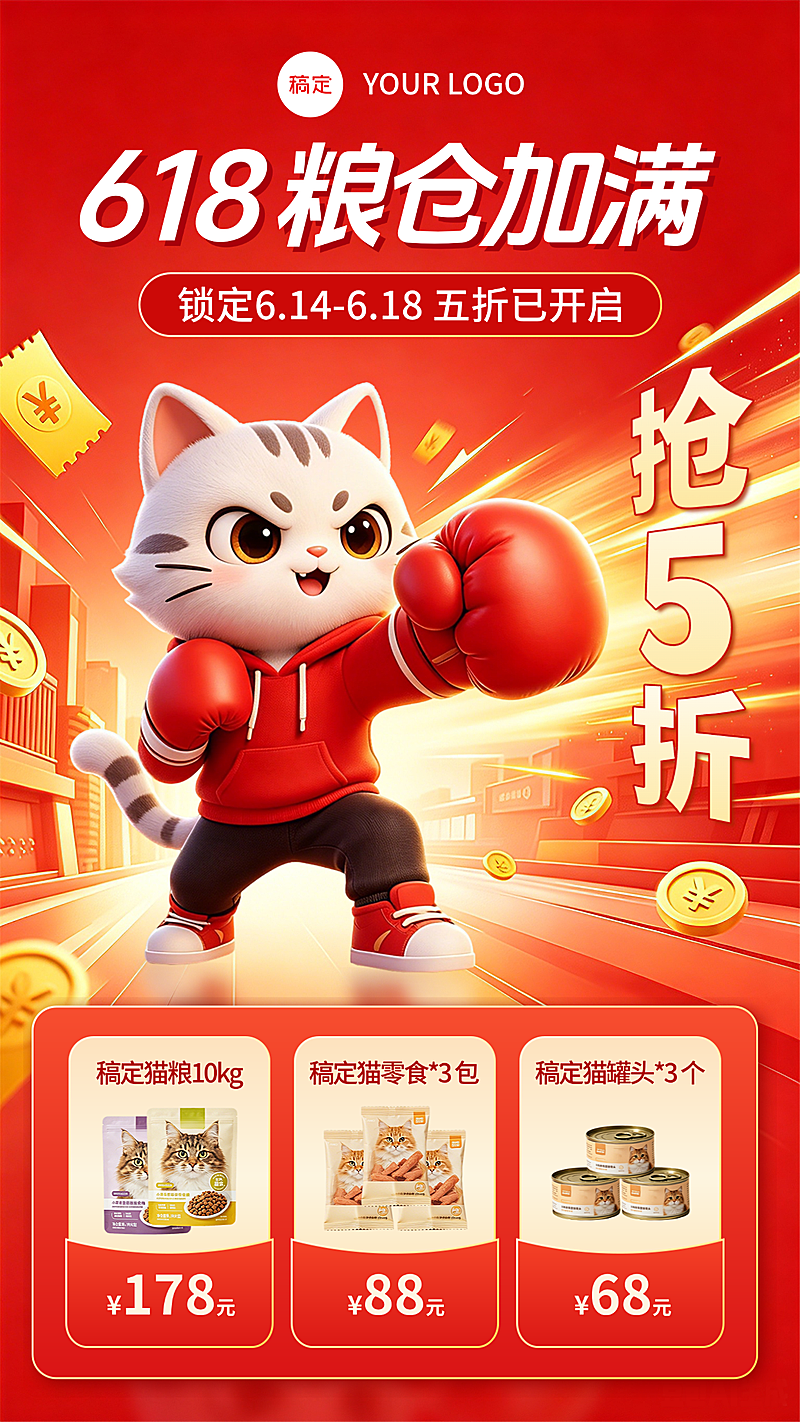618年中大促猫粮促销活动国潮风竖版海报