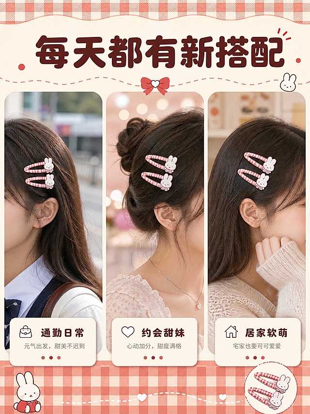 [商品] 使用【图15】红白格纹米菲发夹；保留两款发夹外观、颜色、米菲图案；商品处理：增强质感和清晰度。
[画面] 目标场景种草，三格拼图展示不同佩戴场景：上学通勤、约会出游、居家休闲，每格展示发夹在不同发型上的佩戴效果，亚洲少女局部头发佩戴，产品在每格中清晰可见，背景为对应场景柔和虚化。
[视觉] 套系策略：风格=软萌复古童趣治愈系商业摄影；标题字=圆润粗黑体；正文字=圆角无衬线体；主色=复古红白格纹；背景延展=基于米白+复古红做深浅层级、同色渐变和格纹/织物质感；强调色=奶白色，仅用于小面积图标、引线和标签；标题色=深棕红；正文色=中暖灰；组件=圆角浅底信息卡、细线引线、圆点装饰；光影=左前侧暖柔光，柔和漫射。
[文字] 上方主标题"每天都有新搭配"，每格下方配场景名称"通勤日常"、"约会甜妹"、"居家软萌"；文字横排，不遮挡发夹。
[规格] 图片比例3:4竖版，4K，避免变形、错字、文字过小、冷蓝背景、颜色改变。