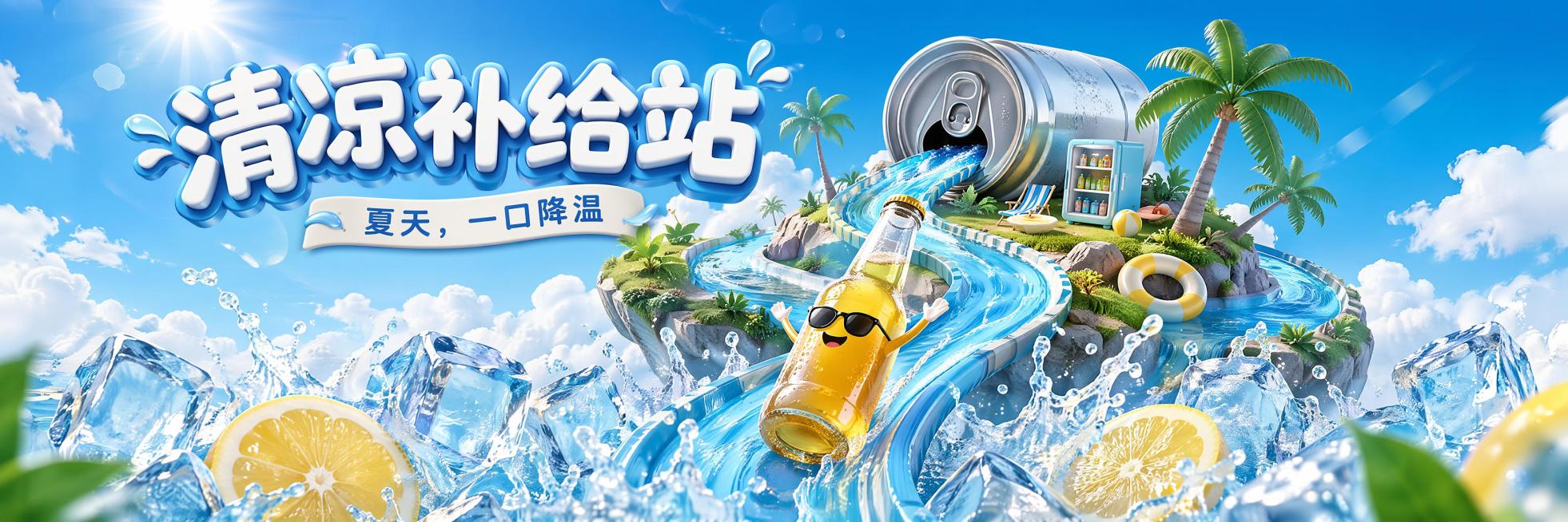 横版暑期清凉活动3D主视觉，主题"清凉补给站"，副标题"夏天，一口降温"。天空蓝背景，阳光明亮，白云环绕。前景是巨大的透明冰块、柠檬片和飞溅水花，占画面下方25%，形成清爽冲击。中景是啤酒瓶坐在蓝色水预览效果