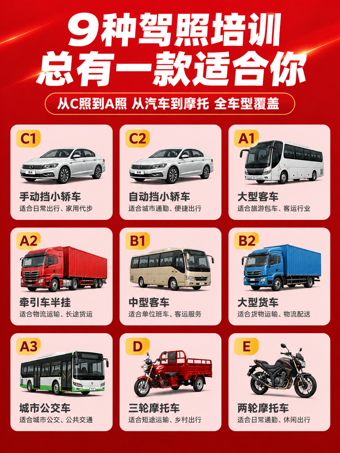 [商品] 使用参考图的驾校品牌视觉和红色风格，做全车型矩阵展示… - 图片创意预览