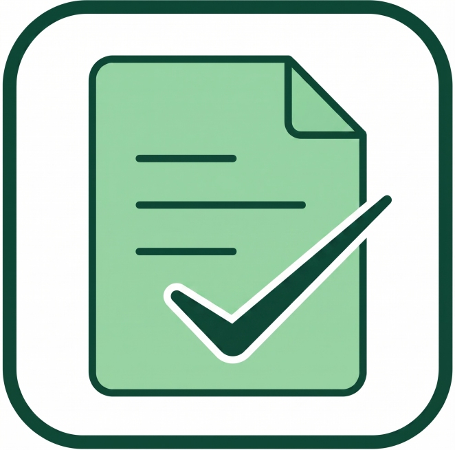 根据参考图重新设计这个绿色勾选文档图标，保持原图标形状、布局和绿色配色方案，制作清晰精致的扁平化图标，保留圆角外框，文档和对勾的设计不变，颜色和原图一致预览效果