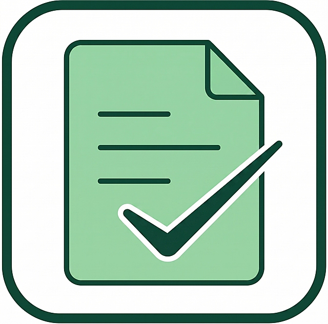 根据参考图重新设计这个绿色勾选文档图标，保持原图标形状、布局和绿色配色方案，制作清晰精致的扁平化图标，保留圆角外框，文档和对勾的设计不变，颜色和原图一致