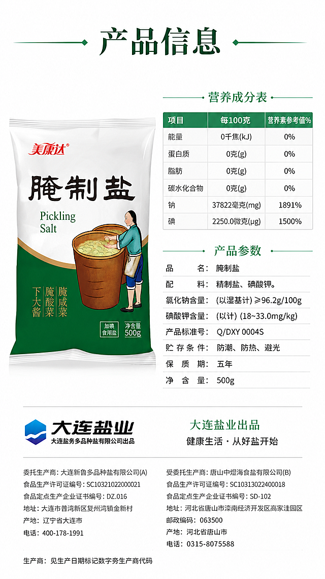 [第5张] 详情页规格参数页-美康达腌制盐营养成分与产品信息。本张使用【图1】和【图2】作为产品与参数参考。
[氛围/风格] 简洁清晰，信息规整，食品参数页风格，干净专业。
[元素布局] 画面左侧放置腌制盐产品正面图，占比约35%；右侧上半部分为营养成分表，下半部分为产品参数信息；底部为品牌与生产信息区域；整体信息排布整齐，便于阅读。
[光影质感] 均匀柔光，产品清晰，信息区干净无阴影，整体明亮专业。
[配色色系] 全局底色 #FFFFFF（纯白）；主色深绿标题 + 深灰正文；辅助色浅灰表格线、浅绿表头底色。
[视角构图] 左右分栏布局，左产品右信息，阅读动线从左到右、从上到下。
[文字版式] 顶部大标题「产品信息」，宋体加粗，深绿色；营养成分表采用标准表格样式，含项目、每100克、营养素参考值%三列，表头浅绿底白字；产品参数区列出：品名、配料、氯化钠含量、碘酸钾含量、产品标准号、贮存条件、保质期、净含量等信息，深灰色字体；底部标注「大连盐业出品」品牌信息；字形与首张统一，文字清晰可读，移动端友好。
[比例分辨率] 9:16 竖版比例，4K 分辨率，文字清晰可辨，高清画质。
[负向提示词] 包装变形，文字错乱模糊，数值错误，水印，颜色偏差，表格杂乱，信息缺失。