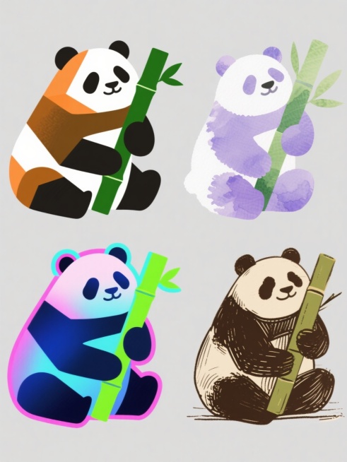 一组四个不同风格的熊猫系列素材集合，每个熊猫都保持坐着抱竹子的核心元素内容但造型和色彩完全不同，规整排布在纯色背景上。第一个是扁平化风格，几何图形构成，熊猫身体是橙色和白色，竹子是深绿色；第二个是水彩风格，柔和的边缘和晕染效果，熊猫身体是淡紫色和白色，竹子是浅绿色；第三个是赛博朋克风格，霓虹色调，熊猫身体是蓝色和粉色渐变，竹子是荧光绿色；第四个是复古手绘风格，粗线条和纹理，熊猫身体是棕色和米色……预览效果