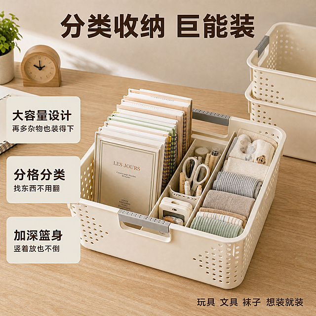 [主图-2] 收纳篮容量满载展示与分类逻辑图。
[氛围风格] 暖调家居感，整洁有序，突出大容量与分类收纳效果。
[画质] 商业摄影质感，光线明亮通透，产品清晰真实，细节丰富。
[元素] 画面主体为一只米白色镂空收纳篮，放置在浅原木桌面上，收纳篮内部用分隔方式整齐装满各类日常杂物：左侧区域竖立摆放五六本书籍和笔记本，中间区域放着几支笔、剪刀、胶带等文具，右侧区域整齐叠放着袜子和小衣物。收纳篮旁边还放着两只同款收纳篮，一只叠在另一只上面，展示可叠加特性。桌面背景简洁，有少量装饰小物。**保持收纳篮外观（即物理结构、材质质感、颜色、镂空孔洞形状、灰色手提把手）与输入产品图一致，杜绝任何变形和色差，精细化处理；场景图允许光影阴影随当前场景调整以融入环境**。商品主体占比约65%。
[光影] 顶部柔光为主，均匀照亮篮内物品，细节清晰；侧光勾勒收纳篮轮廓，镂空孔洞有光影穿透效果；整体明亮干净，阴影柔和。
[配色] 主色米白+原木暖棕；辅色浅灰，物品多彩但整体协调。
[视角构图] 俯视偏45度角，以收纳篮内部为视觉焦点，清晰展示容量和分类布局；景深中等，篮内物品清晰，背景适度虚化。
[文字版式] 顶部居中主标题"分类收纳 巨能装"，深棕色粗体大号无衬线字。画面左侧竖排三个圆角信息卡，从上到下：「大容量设计」「再多杂物也装得下」、「分格分类」「找东西不用翻」、「加深篮身」「竖着放也不倒」，卡片为米白底深棕字，左对齐。右下角小字标注"玩具 文具 袜子 想装就装"。
[输出要求] 1:1比例，文字清晰锐利，超高清商业摄影质感。
[负向提示词] 变形，文字错乱，产品图模糊，背景杂乱，水印，电商平台Logo，多余的手，多余的手指，畸形手，融合手指，手部扭曲，人物面部扭曲，关节反折。
