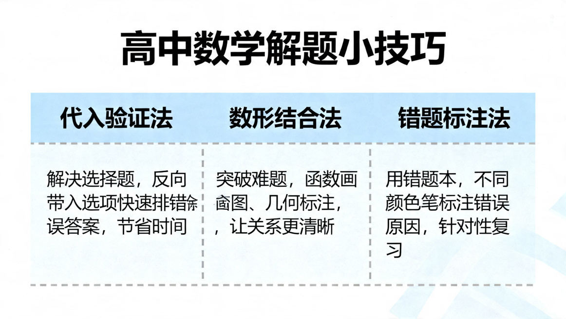 横版干货知识卡片，内容是高中数学解题小技巧，分三点展示：
1. 代入验证法：解决选择题，反向带入选项快速排除错误答案，节省时间
2. 数形结合法：突破难题，函数画图、几何标注，让关系更清晰
3. 错题预览效果