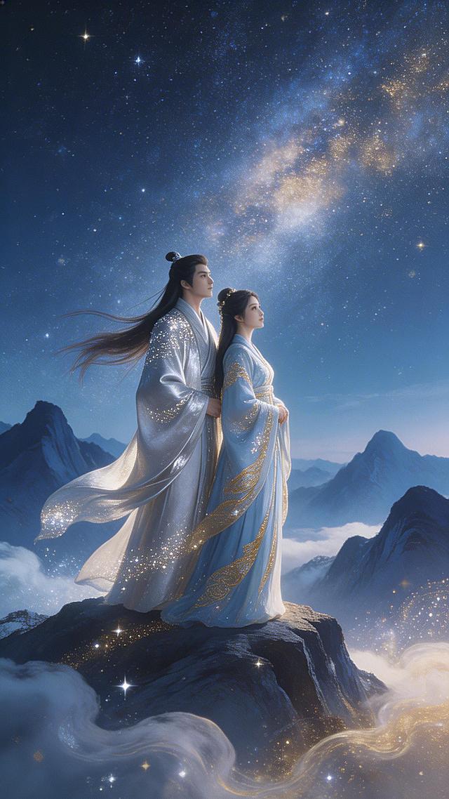 古风浪漫深情星河，男女主角并肩立于星河之巅，身后是万里银河与群山。两人衣袂随风飘动，星光洒满全身。画面下方有星云与云雾缭绕。色调壮美，以深蓝、金、银白为主，无任何文字