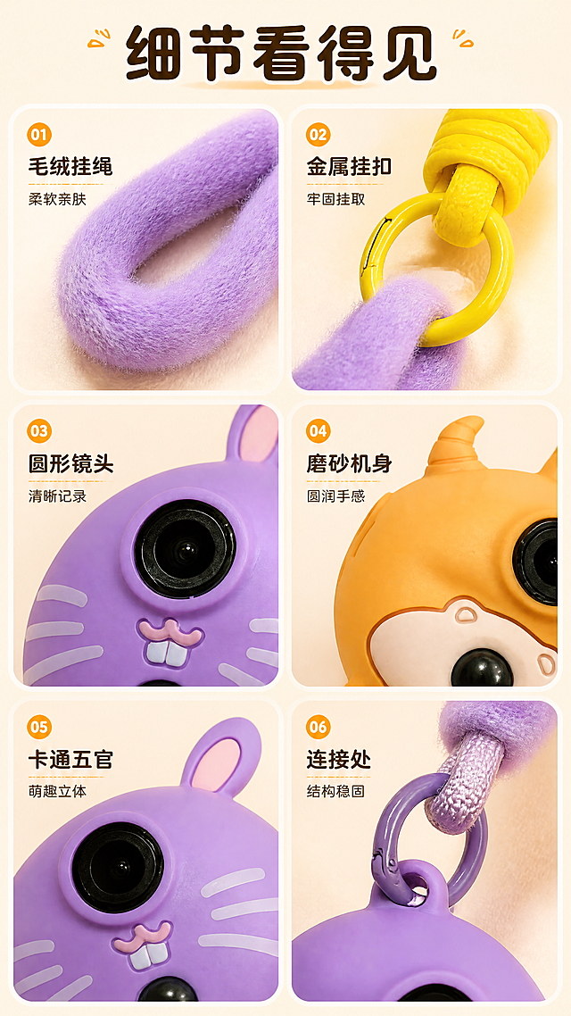 [商品] 使用【图1】中两款卡通挂式儿童记录仪的局部结构：紫色款与橙色款机身、毛绒挂绳、黄色缠线、金属挂扣、黑色圆形镜头、卡通五官。逐格微距展示，严格保留结构、比例、颜色、磨砂材质与图案，不改造型不变色、不新增部件。
[画面] 目标：细节展示，突出做工、手感与耐用性。竖版六格微距网格：①毛绒挂绳纤维特写 ②金属挂扣与环扣结构特写 ③黑色圆形镜头与镜圈边缘特写 ④磨砂机身表面质感与圆润弧面 ⑤卡通五官与兔耳/猫耳立体起伏 ⑥机身与挂扣连接处结构。每格浅色台面、环绕柔光，产品细节清晰锐利，无杂物干扰。
[视觉] 套系策略：风格=萌趣儿童数码清新商业摄影；标题字=圆润现代中黑粗体；正文字=简洁清晰黑体；主色=奶白杏（#FFF6EC）；背景延展=基于奶白杏做深浅层级、同色渐变与细腻纸纹/磨砂质感；强调色=橘子橙（#F5A03C），仅用于小面积图标、引线、标签和局部光效；标题色=深咖褐（#3B3129）；正文色=暖灰褐（#8A7B70）；组件=圆角奶白信息卡、细线引线、圆形标签；光影=左前侧柔和暖光+柔和接触阴影+背景渐变光晕。
[文字] 主标题“细节看得见”；六格标签“毛绒挂绳 柔软亲肤”“金属挂扣 牢固挂取”“圆形镜头 清晰记录”“磨砂机身 圆润手感”“卡通五官 萌趣立体”“连接处 结构稳固”。全部横向排版，手机端可读，不遮挡细节。
[规格] 竖版9:16（1080×1920），4K，避免变形、错字、文字过小、真实二维码、条形码、水印、平台Logo、冷蓝/蓝灰成为主色、改变产品结构与配色。