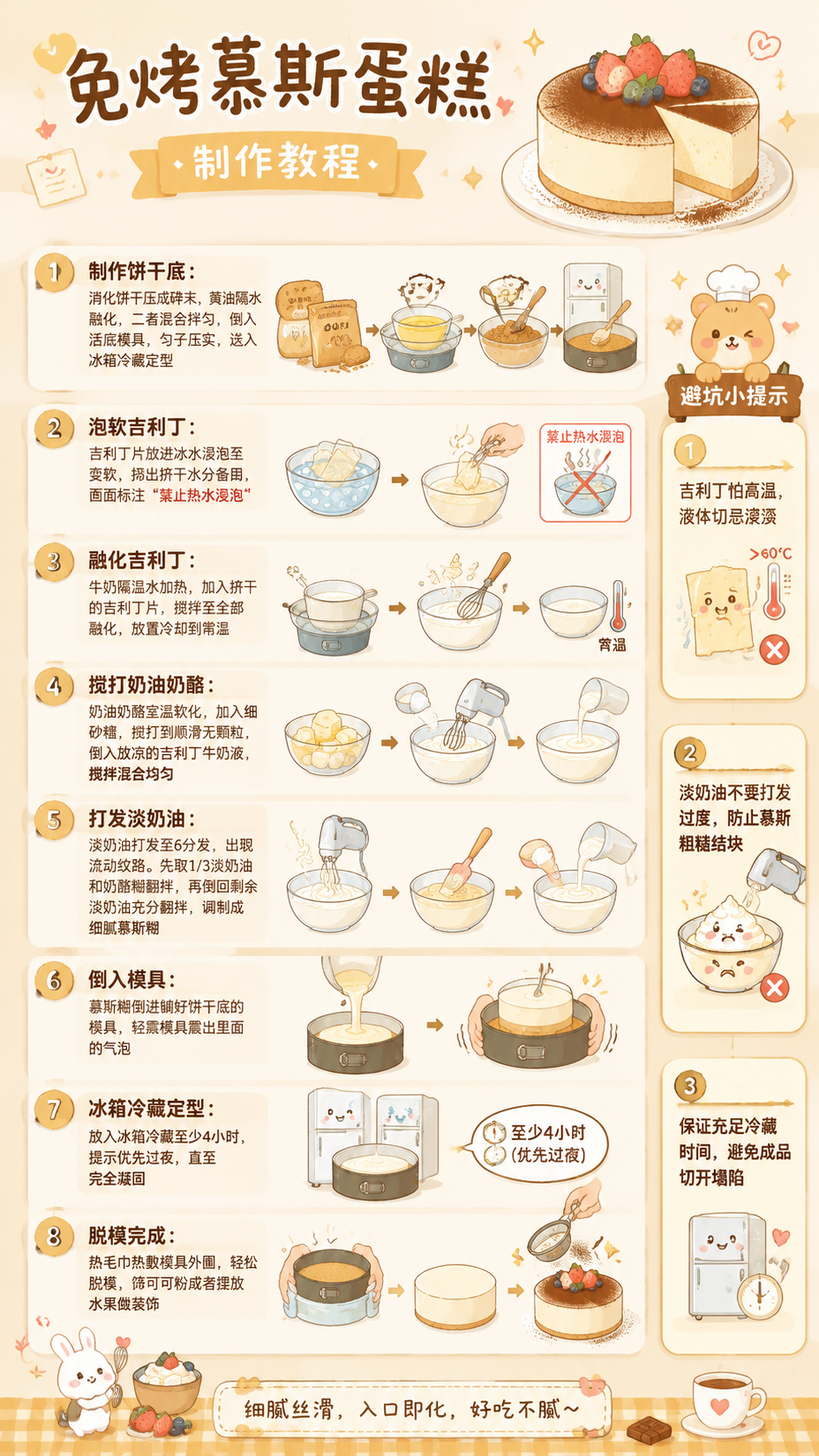 免烤慕斯蛋糕制作教程信息图，9:16竖版，治愈扁平插画风格，美… - 图片创意预览