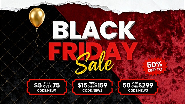 红黑配色的Black Friday促销海报，画面顶部有撕裂的白色纸张效果露出下方的红色背景，金色气球漂浮在左上角，中央是醒目的白色立体"BLACK"大字和红色"FRIDAY"字样，黄色手写体"Sale"位于中间偏右位置，右下角挂着红色的"50% OFF UP TO"促销标签，底部有三个红色边框的黑色优惠券，分别标注"$5 OFF OVER $75 CODE:NEW1"、"$15 OFF OVER $159 CODE:NEW2"、"$50 OFF OVER $299 CODE:NEW3"，背景改为暗红色丝绒纹理，黑色部分带有细腻的暗金色网格图案，整体保持强烈的视觉对比和促销氛围。