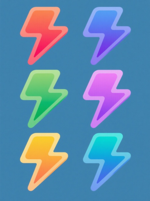一套6个不同配色的闪电图标系列素材，每个图标均为相同的尖锐三角形闪电造型，带有内部渐变和边缘高光效果，保持简洁扁平的矢量插画风格，分别采用红橙渐变、蓝紫渐变、绿青渐变、粉紫渐变、黄橙渐变、蓝绿渐变的纯色背景，图标与背景形成鲜明对比，所有图标规整排列成2行3列的网格布局，整体设计统一且具有视觉连贯性。预览效果