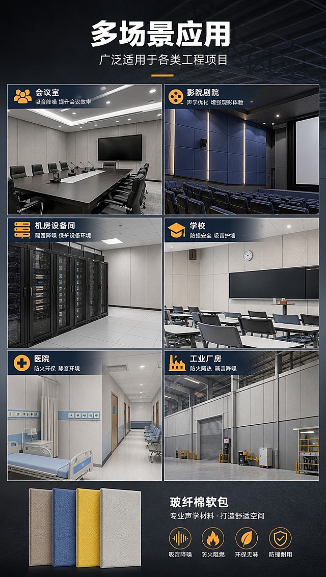 [商品] 使用【图1】玻纤棉软包产品小图作为场景页标识；商品处理：去除塑封膜亮面，保留产品外观特征。
[画面] 目标：第六屏适用场景案例展示。构图：采用多场景拼图布局，展示6大应用场景：会议室、影院/剧院、机房、学校、医院、工业厂房；每个场景为真实空间效果图，墙面应用玻纤棉软包；场景之间用线条分隔，顶部大标题，底部产品小图+说明；整体营造专业工程案例感。
[视觉] 套系策略：风格=沉稳工业风B端商业摄影；标题字=粗黑无衬线黑体；正文字=简洁无衬线体；主色=深炭灰+藏青蓝；背景延展=深灰渐变+建筑结构暗纹+冷调工业质感；强调色=橙金色，仅用于小面积图标、引线、重点标签；标题色=纯白；正文色=浅灰；组件=深色信息卡、细线引线、工业风图标；光影=各场景图保持统一冷调专业感。
[文字] 顶部主标题「多场景应用」，副标题「广泛适用于各类工程项目」；六个场景分别标注：会议室（吸音降噪 提升会议效率）、影院剧院（声学优化 增强观影体验）、机房设备间（隔音降噪 保护设备环境）、学校（防撞安全 吸音护墙）、医院（防火环保 静音环境）、工业厂房（防火隔热 隔音降噪）。文字横排。
[规格] 图片比例9:16竖版，4K分辨率，负向提示：避免塑封膜、反光、变形、错字、文字过小、场景失真、卡通风格。