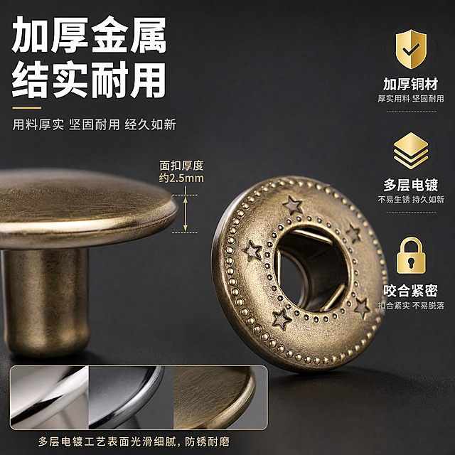[主图-6] 831型金属四合扣 材质工艺细节特写图。
[统一基调] 淘宝五金配件风格 深灰质感背景 主标题白色粗黑体 辅助说明浅灰细黑体 强调色金色 整体高级质感。
[画面] 画面左侧放大展示四合扣面扣侧面特写 可见金属厚度和圆润边缘 右侧放大展示母扣内部结构 星星花纹和卡扣细节清晰 下方小窗展示表面电镀层质感 产品占画面约60% 微距特写角度 左上角标题 加厚金属 结实耐用 右侧三条卖点 加厚铜材 多层电镀 咬合紧密。
[光影质感] 微距摄影质感 金属表面纹理清晰 电镀层反光细腻 边缘倒角圆润 内部花纹细节锐利 背景虚化突出主体。
[配色] 背景深灰渐变 主标题白色 卖点图标金色 产品古铜金属色。
[文字版式] 左上角白色大标题 加厚金属 结实耐用 右侧竖排三条卖点 配金色小图标 加厚铜材 多层电镀 咬合紧密 字体统一黑体。
[输出要求] 1:1正方形 2048x2048 细节清晰 金属质感真实 文字可读 负向 变形 错字 模糊 杂乱 水印
