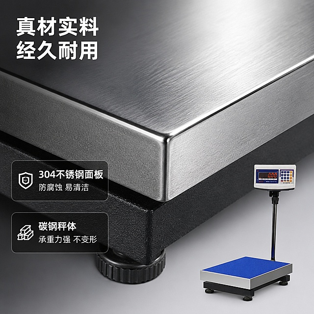[主图-3] 电子台秤材质细节特写 不锈钢与碳钢材质展示
[氛围风格] 材质质感风 微距细节 高端工业品质感
[画质] 超高清商业摄影 微距细节清晰 金属纹理真实 质感强烈
[元素] 画面主体为电子台秤的局部特写 主要展示秤盘不锈钢面板边缘与碳钢称体侧面的结合处 不锈钢表面有细腻的拉丝纹理 反光均匀 碳钢材质有哑光金属质感 边缘倒角清晰。画面右下角保留部分秤体全貌作为参照。背景为浅灰色渐变 干净简洁。有一束侧光扫过金属表面 形成明暗过渡 突出材质层次。保持电子台秤外观物理结构材质质感颜色与输入产品图绝对一致 杜绝任何变形和色差 精细化处理。
[光影] 侧逆光为主光 斜扫过金属表面 形成清晰的拉丝纹理高光和明暗交界线 正面辅光提亮暗部细节 底部有柔和接触阴影 金属质感真实强烈
[配色] 主色调 不锈钢银灰 碳钢深灰 金属质感 辅助色 拉丝高光白 阴影深灰
[视角构图] 微距斜侧视角 聚焦材质细节 右下角露出部分整体产品 画面有虚有实 重点突出材质纹理
[文字版式] 左上角大标题 真材实料 经久耐用。画面左侧上下排列两个材质标签 上方 304不锈钢面板 防腐蚀 易清洁 下方 碳钢秤体 承重力强 不变形。标签采用半透明深色底白字 简洁现代 不遮挡主要材质展示区
[输出要求] 1:1比例 文字清晰可辨 超高清微距商业摄影质感
[负向提示词] 变形 文字错乱 产品图模糊 背景杂乱 水印 电商平台Logo