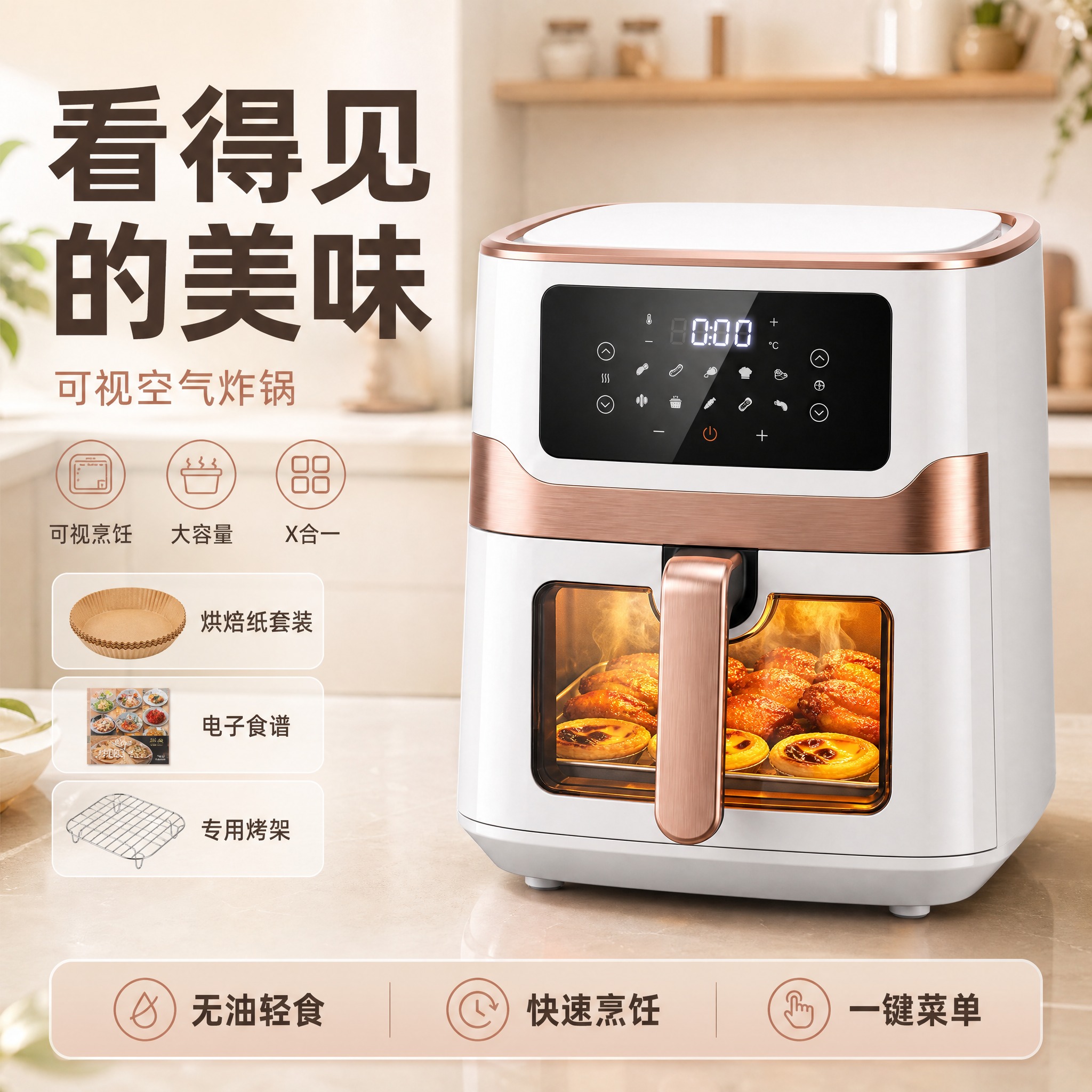 生成卖点主图，1张，淘宝/天猫平台，浅奶油白厨房背景，白产品居… - 图片创意预览
