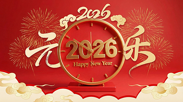 动态延展横版：时钟居中放大，底部祥云纹横向延伸，两侧烟花呈放射状扩散，文字环绕时钟形成流动感，适配社交媒体横幅