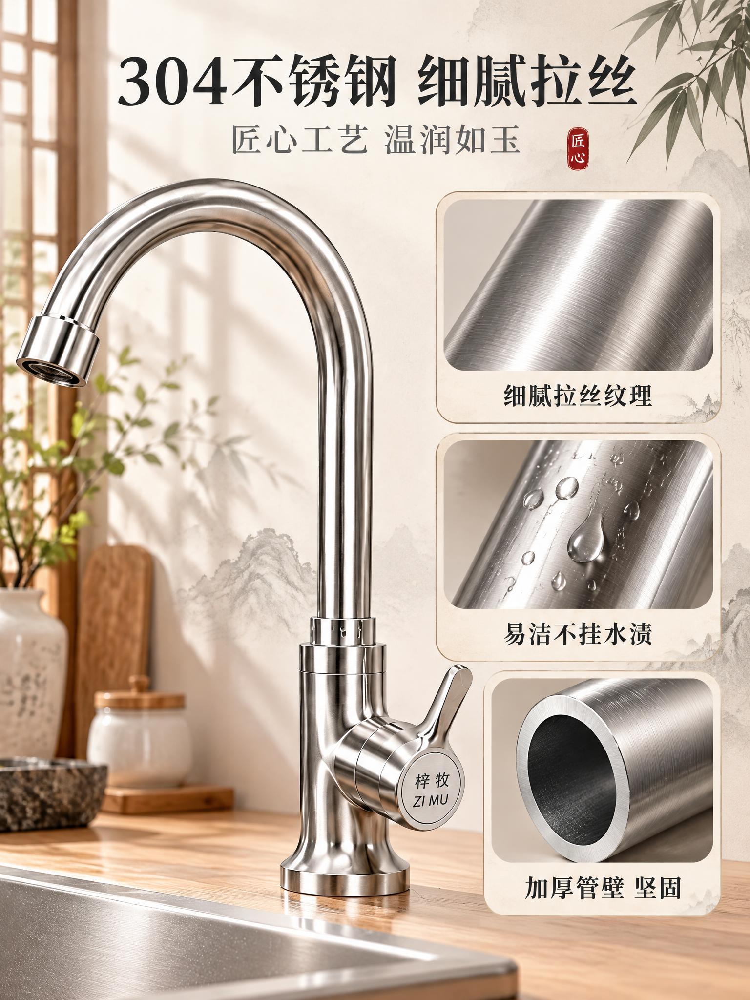 [详情-4] 材质工艺页，展示304不锈钢细腻拉丝与东方匠心质… - 图片创意预览
