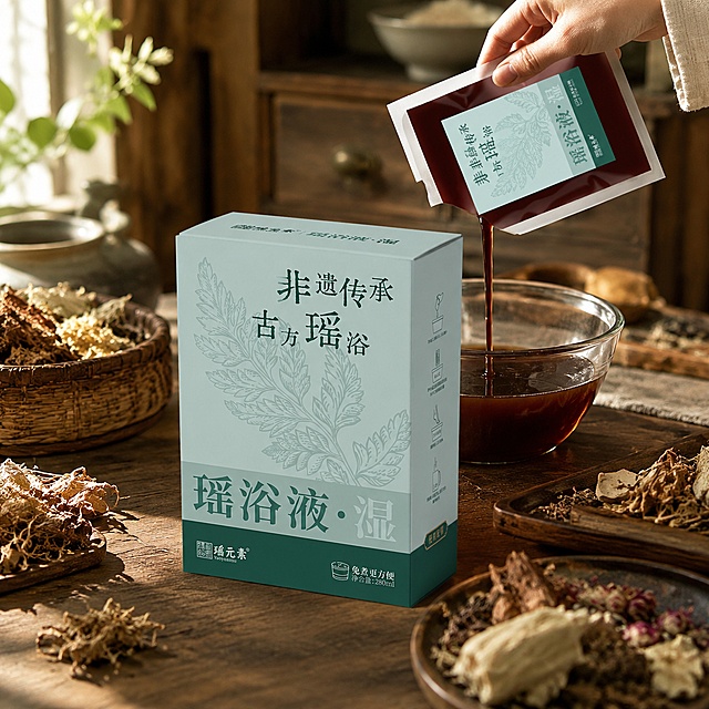 瑶浴液包装盒，严格参照上传产品图 https://gdesign-dam-hz.dancf.com/37072428014487565/03af7d6e9f084e489e759d3e8c6cd529.jpg，完整保留所有可见组件/部件/轮廓形状/结构/比例/材质质感/颜色与产品文字信息，与上传图完全一致。
室内厨房台面场景，轻复古自然暖棕色调，包装盒放置于台面中央，搭配草本药材道具组合，柔和侧前方自然光，还原参考图光影方向，产品受光面泛起暖棕木色、暗部映射浅灰色光晕，与环境物理融合，轻复古风格，相似度30%，整体保持神似形不似。中景居中，微俯20°视角（偏转参考图 ≥20°）。
全量换款清单：①承载台面：参考图浅麻色台面 → 生成图深胡桃实木轻复古台面（同实木大类，换纹理颜色）；②草本药材：参考图图中多种草本 → 生成图多种不同草本搭配，保留真实自然质感（同品类换款）；③手部动作：参考图手持药包倾倒药液 → 生成图保持中国女性手部持握姿态，更换手型和包装角度（保留性别/国籍/肤色/动作，换细节）。
消除产品本体外多余营销文字，4K分辨率，严格锁定宽高比为 1:1。