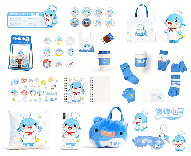 基于参考图的饱饱小厨品牌IP形象，延展设计一系列周边产品，保持原IP形象不变。包含异形名片，多个徽章、咖啡手提架，包装袋、多个贴纸、咖啡杯及杯套、围巾、手套、袜子配饰、线圈笔记本、毛绒抱枕、手机壳、手提袋、钥匙链、眼罩，每个物品都融入饱饱小厨IP元素，不添加多余无关元素，字体清晰。所有物品有序陈列在同一个画面中，风格可爱童趣，专业产品摄影布光，呈现统一的品牌风格。