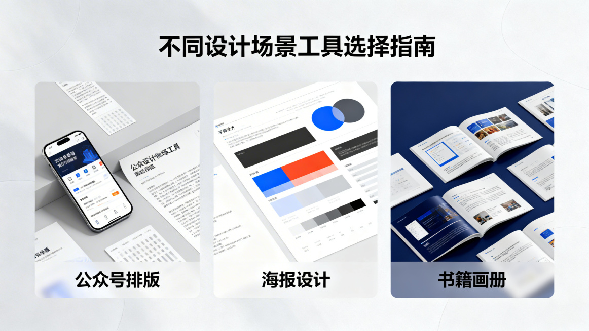 一张对比风格的主视觉海报，将公众号排版、海报设计、书籍画册三个设计场景分栏并列展示，呼应不同场景选不同工具的主题，设计简约清晰，现代商务风格预览效果