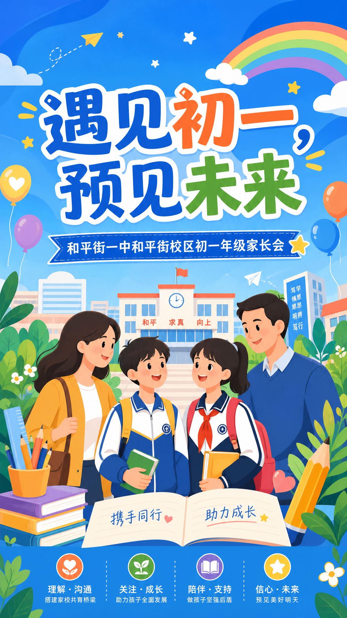 扁平风格校园风海报，竖版，以蓝色为主色调，同时融入橙色、黄色、… - 图片创意预览