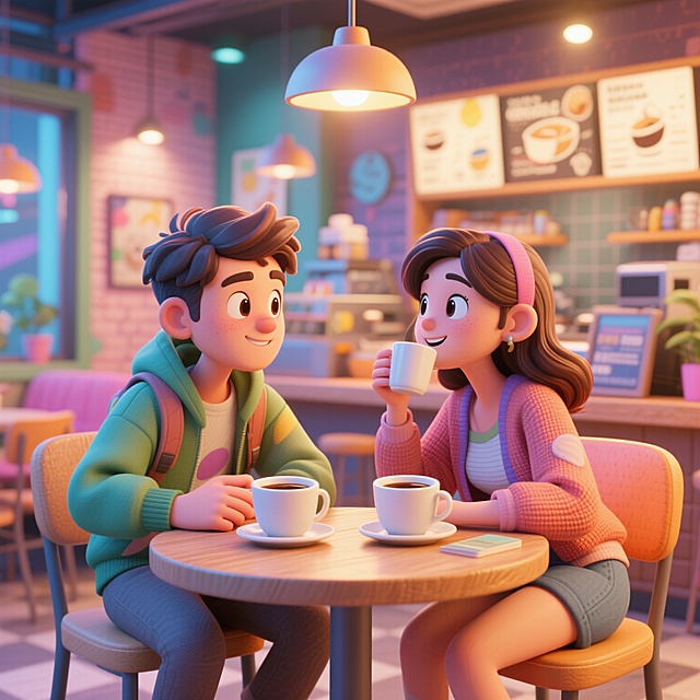 软3D风卡通人物在温馨咖啡馆对坐品茶，轻拟物设计搭配粘土质感，暖光烘托可爱氛围，传递春日浪漫情调。