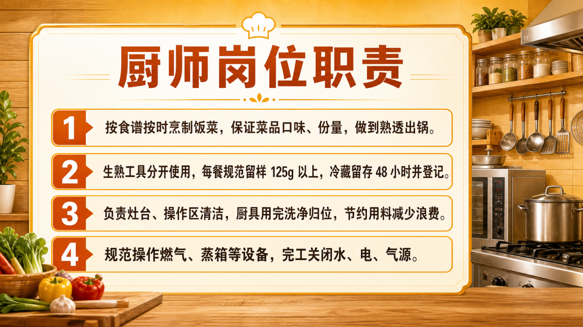 暖色调横版设计，展示厨师岗位职责，标题清晰标注“厨师岗位职责”，四条职责内容完整排版，风格正式清晰，暖黄木质厨房背景，文字醒目易读，整体简洁大方，包含完整文案：
1.按食谱按时烹制饭菜，保证菜品口味、预览效果