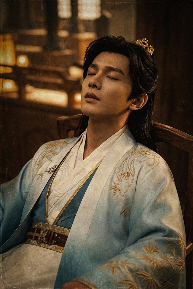 将这张古装男子图片的色调调整为参考的古装老妇人图片的暗调复古质感，保留原图所有人物、服饰、场景元素不变