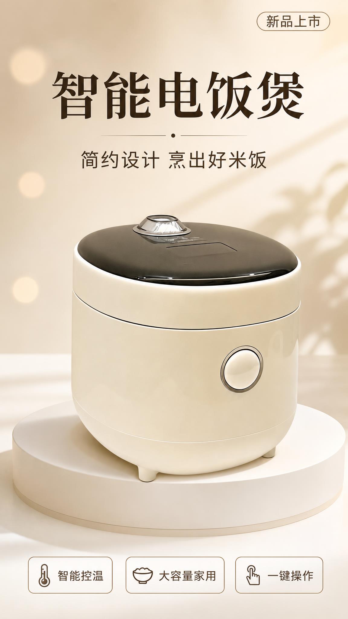电饭煲电商海报，简约风格，生活展台型视觉。电饭煲100%还原上… - 图片创意预览