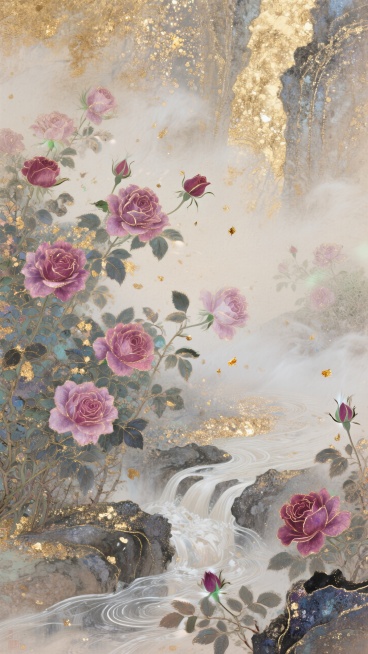 金箔；粉紫红色的玫瑰花丛，烟雾、迷幻，低饱和颜色，梦境般的画面；水流。预览效果