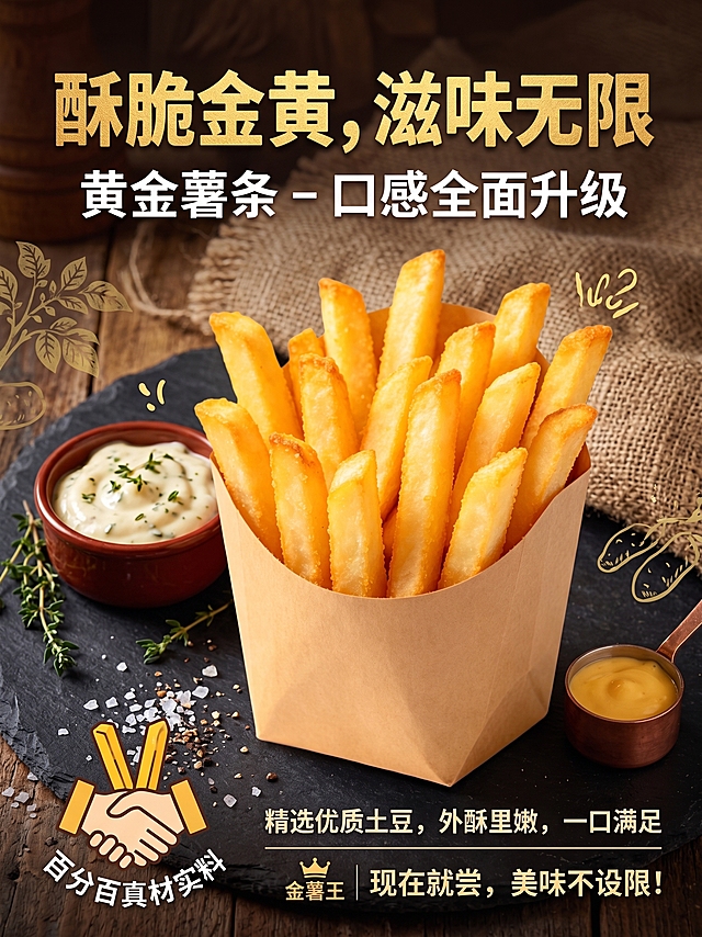 现代感与质感结合，3D风呈现金黄薯条诱人细节，搭配金属风餐具与霓虹灯风文字，营造高级美食氛围，突出“科技感”与“未来感”的视觉冲击。
