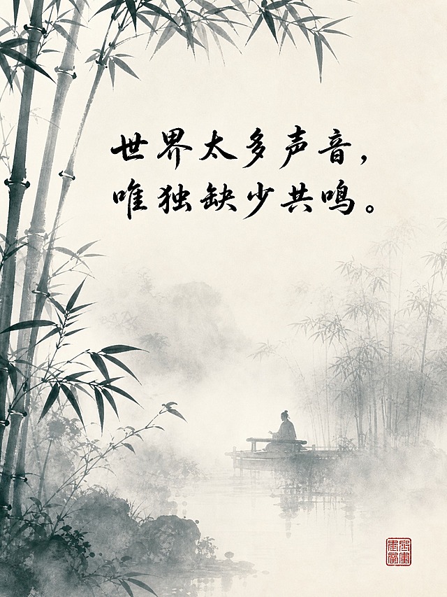 国风意境早安日签图，竖版3:4构图，水墨东方美学风格。画面中央偏上区域横排行书书法文字："世界太多声音，唯独缺少共鸣。" 文字为黑色毛笔书法字体，古朴有力。背景为淡雅水墨竹林，竹叶婆娑，雾气弥漫，竹林深处隐约可见一人独坐抚琴的剪影，意境空灵孤寂。水墨晕染，青灰与米白色调，留白充足。右下角有红色小印章点缀。整体禅意悠远，适合早安问候。