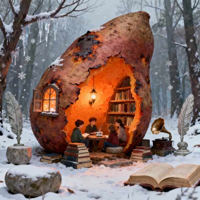 焦褐色的巨型烤红薯化身为一座奇妙的林中书屋，外皮自然开裂形成门窗，内部透出温暖的橙光，散发着焦香与书香。书屋内部墙壁是红薯果肉般的温暖质感，书架嵌在其中，一家人坐在低矮的书堆旁分享知识和热腾腾的红薯，预览效果