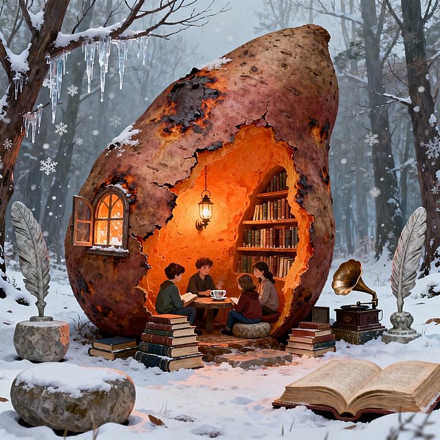 雪林深处，巨蛋屋内暖光氤氲，四人围坐共读，书卷与留声机点缀梦幻。插画风融合厚涂与微缩艺术，超现实主义构图传递温馨故事感，如油画般温暖动人。