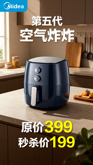 竖版电商宣传海报，展示第五代美的空气炸锅，左上角添加美的品牌标志，海报上标注文字"原价399 秒杀价199"，促销风格设计，整体简洁醒目，突出产品和价格信息预览效果
