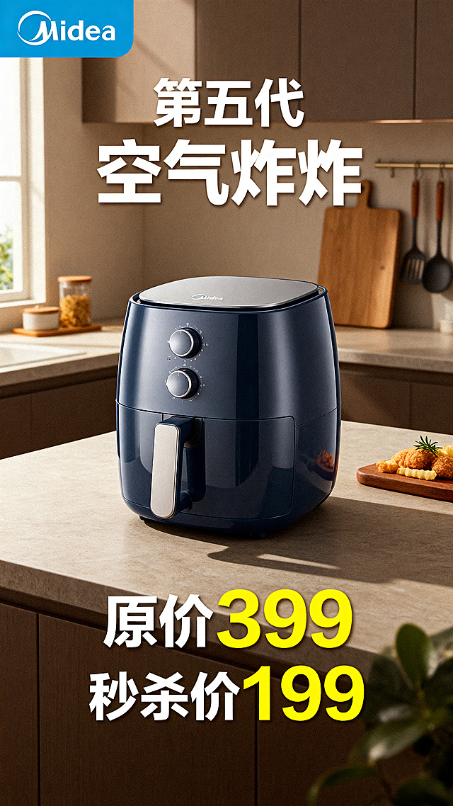竖版电商宣传海报，展示第五代美的空气炸锅，左上角添加美的品牌标志，海报上标注文字"原价399 秒杀价199"，促销风格设计，整体简洁醒目，突出产品和价格信息