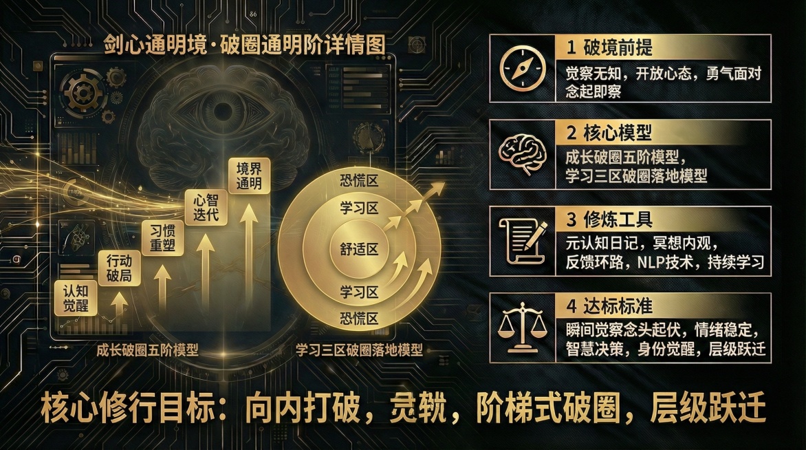 参考图1的黑金科技风格，生成16:9尺寸的剑心通明境·破圈通明阶详情图，画面左侧呈现成长破圈五阶模型与学习三区破圈落地模型的可视化图形，右侧分模块排版破境前提、核心模型、修炼工具、达标标准等文字内容，预览效果