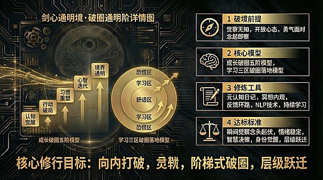 参考图1的黑金科技风格，生成16:9尺寸的剑心通明境·破圈通明阶详情图，画面左侧呈现成长破圈五阶模型与学习三区破圈落地模型的可视化图形，右侧分模块排版破境前提、核心模型、修炼工具、达标标准等文字内容，突出向内打破、阶梯式破圈的核心修行目标