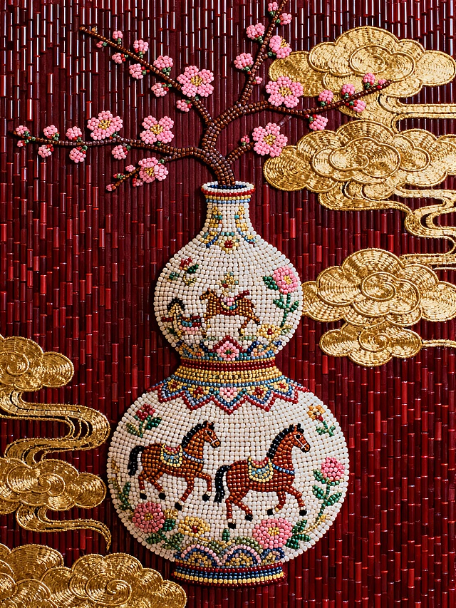 主体是一只巨大的、造型饱满的宝葫芦花瓶。整个葫芦瓶身上是超级精致的马驹（马鞍）戏花的图案，瓶口延伸出的梅花枝干，粉色的梅花点缀其间。大面积的金色祥云装饰在深红色背景上