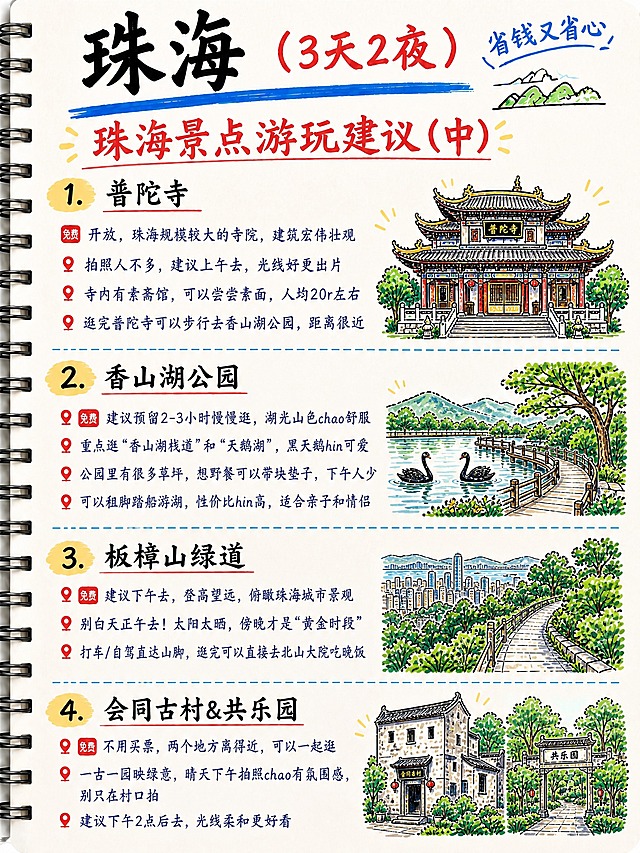 手绘笔记本风格的珠海旅游攻略第3页，竖版3:4比例，米白色纸张背景，左侧黑色螺旋线圈装订。顶部大标题黑色毛笔字体"珠海"，红色"（3天2夜）"，右上角蓝色手写体"省钱又省心"配简笔小山。蓝色粗横线。红色大标题"珠海景点游玩建议（中）"两侧黄色小短线。四个景点板块蓝色虚线分隔：1.黄色椭圆形数字"1." + 黑色下划线标题"普陀寺"，右侧配简笔手绘：寺庙大殿+飞檐建筑。4条红色图钉项目符号：🆓 开放，珠海规模较大的寺院，建筑宏伟壮观；拍照人不多，建议上午去，光线好更出片；寺内有素斋馆，可以尝尝素面，人均20r左右；逛完普陀寺可以步行去香山湖公园，距离很近。2.黄色椭圆形数字"2." + 黑色下划线标题"香山湖公园"，右侧配简笔手绘：湖泊栈道+黑天鹅+绿树。4条红色图钉项目符号：🆓 建议预留2-3小时慢慢逛，湖光山色chao舒服；重点逛"香山湖栈道"和"天鹅湖"，黑天鹅hin可爱；公园里有很多草坪，想野餐可以带块垫子，下午人少；可以租脚踏船游湖，性价比hin高，适合亲子和情侣。3.黄色椭圆形数字"3." + 黑色下划线标题"板樟山绿道"，右侧配简笔手绘：山林绿道+城市远景。3条红色图钉项目符号：🆓 建议下午去，登高望远，俯瞰珠海城市景观；别白天正午去！太阳太晒，傍晚才是"黄金时段"；打车/自驾直达山脚，逛完可以直接去北山大院吃晚饭。4.黄色椭圆形数字"4." + 黑色下划线标题"会同古村&共乐园"，右侧配简笔手绘：岭南古村碉楼+园林绿树。3条红色图钉项目符号：🆓 不用买票，两个地方离得近，可以一起逛；一古一园映绿意，晴天下午拍照chao有氛围感，别只在村口拍；建议下午2点后去，光线柔和更好看。可爱手绘简笔画马克笔风格，和第2页格式风格完全一致，文字清晰。